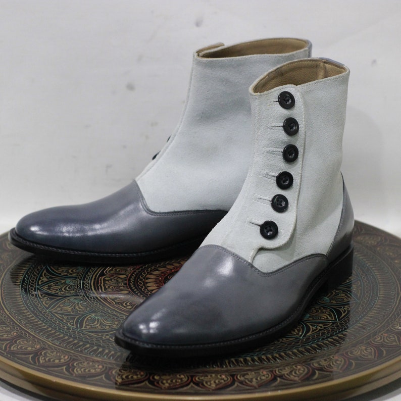 Men's Handmade Leather White Gray Ankle Button Boots Causal