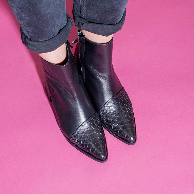 Women's Black Ankle Boots Leather Boots Pointy Booties Black