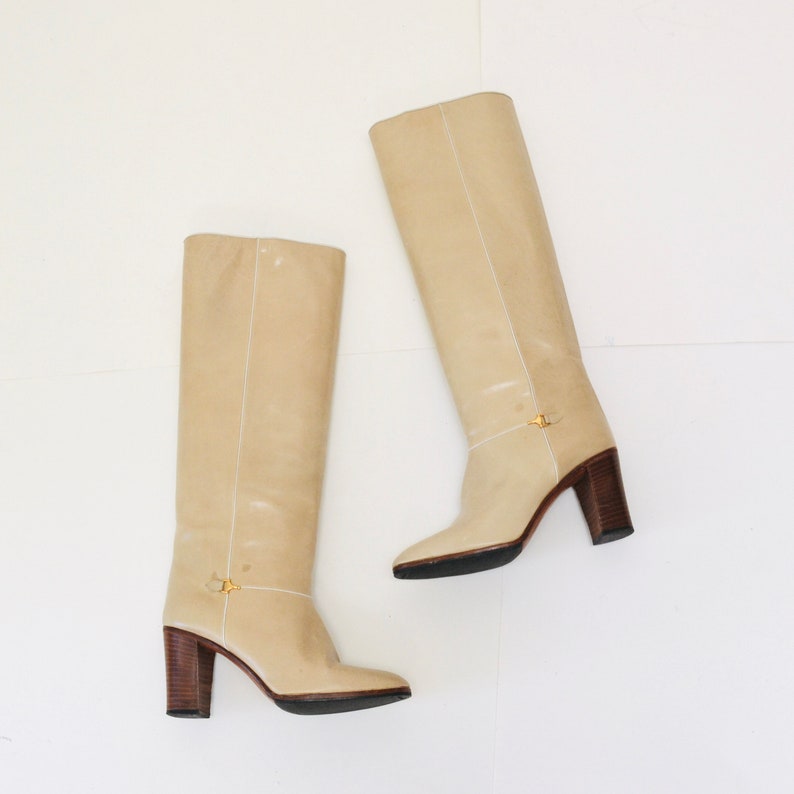 Women's 80s Vintage Gucci Tan Leather Boots Size 38 US 7 7 1/2 High