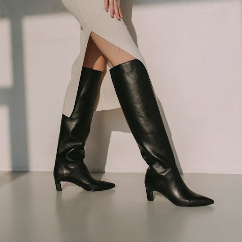 Women's Black Knee High Boots With Kitten Heel Over the Knee