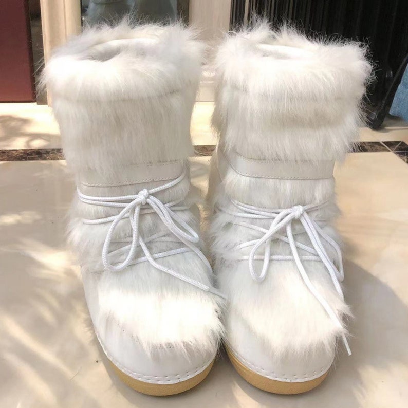 Women's Boots White Fluffy Winter Fur Size Snow Faux Warm Furry