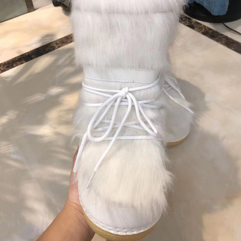 Women's Boots White Fluffy Winter Fur Size Snow Faux Warm Furry