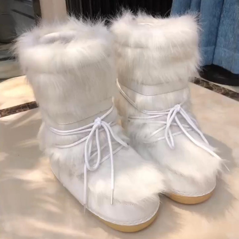 Women's Boots White Fluffy Winter Fur Size Snow Faux Warm Furry