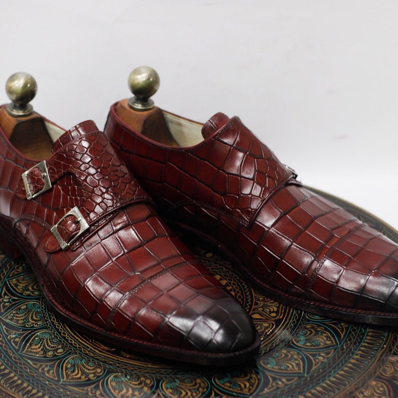 Men's New Handmade Leather Burgundy Crocodile Textured Double Monk