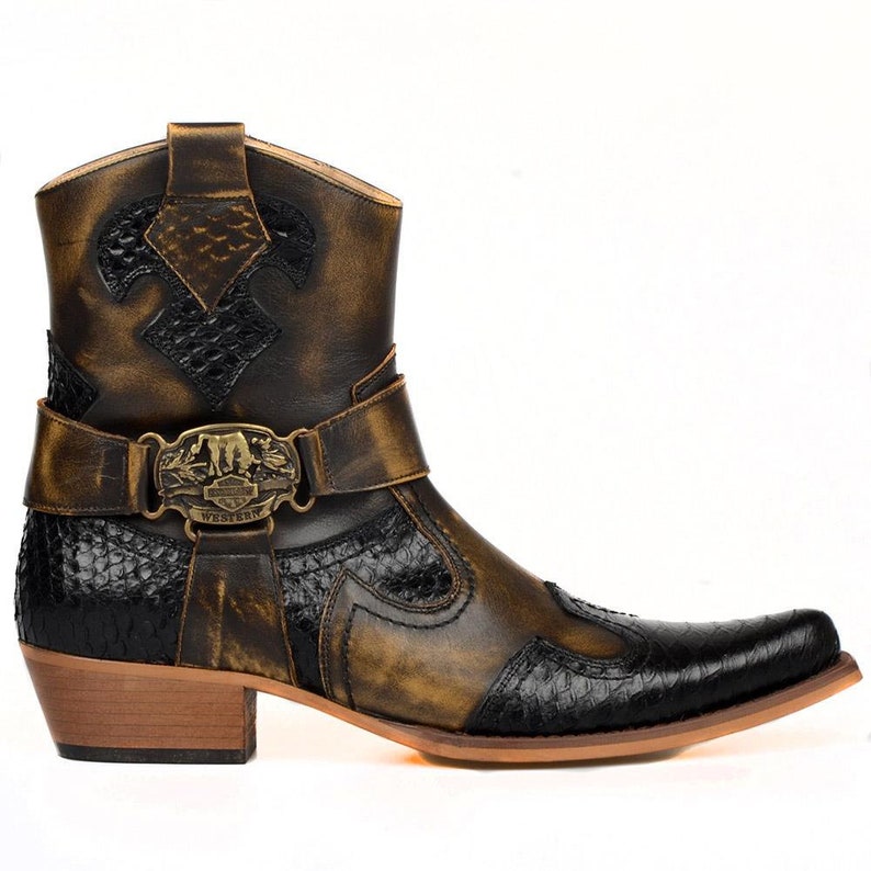 Men's Footcourt Brown Cowboy Ankle Boots for Black Snake