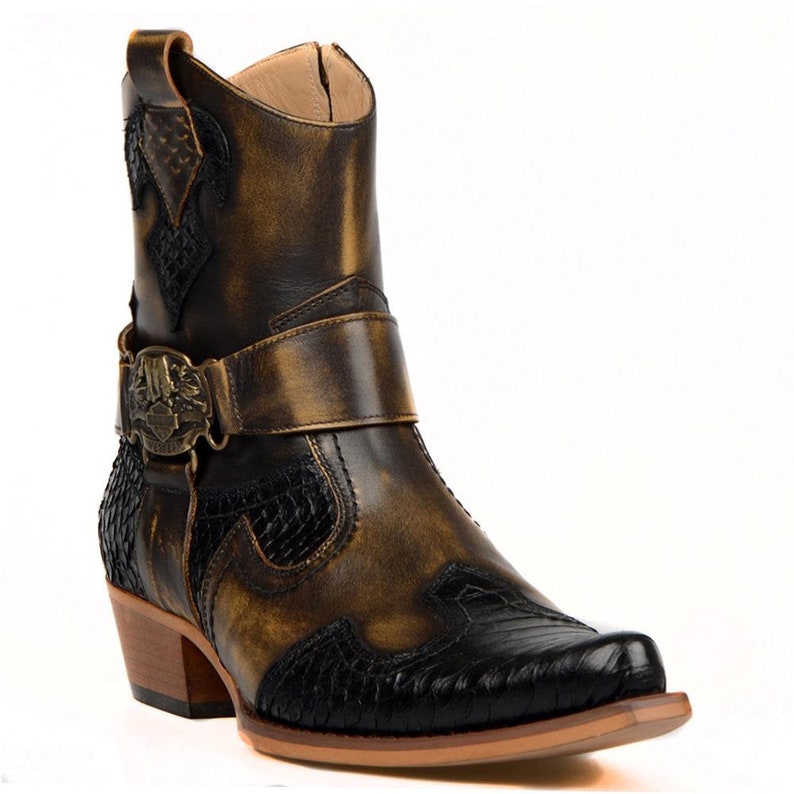 Men's Footcourt Brown Cowboy Ankle Boots for Black Snake