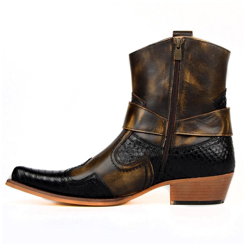 Men's Footcourt Brown Cowboy Ankle Boots for Black Snake