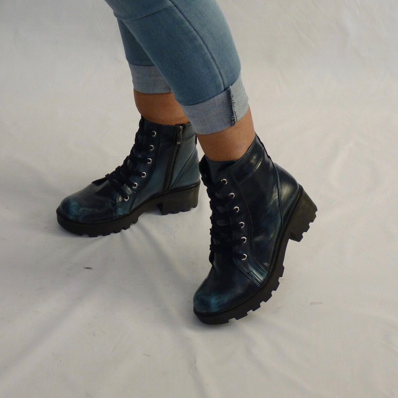 Women's Dark Blue Military Boots Vegan Lacezipper Closure With TPU