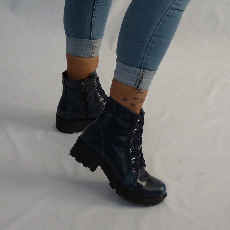 Women's Dark Blue Military Boots Vegan Lacezipper Closure With TPU