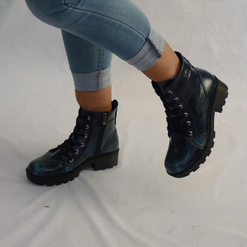 Women's Dark Blue Military Boots Vegan Lacezipper Closure With TPU