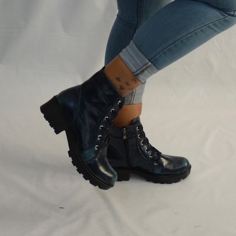 Women's Dark Blue Military Boots Vegan Lacezipper Closure With TPU