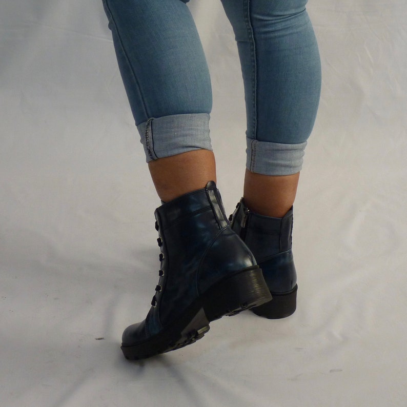 Women's Dark Blue Military Boots Vegan Lacezipper Closure With TPU