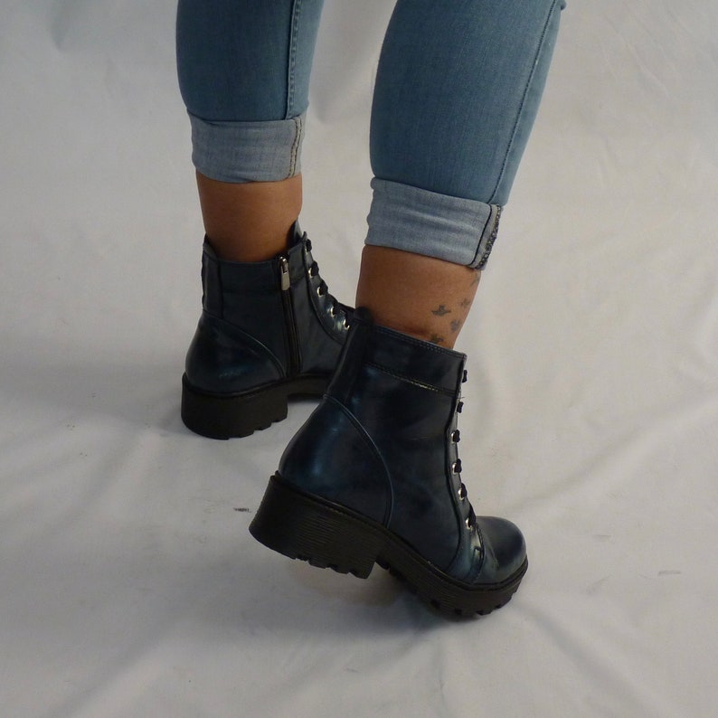 Women's Dark Blue Military Boots Vegan Lacezipper Closure With TPU