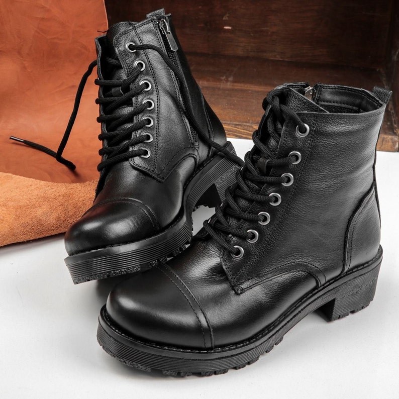 Women's Handmade Zipper and Lace up Geniune Leather Combat Boots