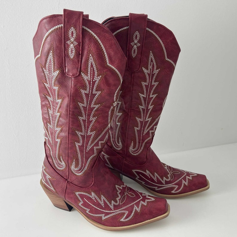 Women's Red Cowboy Boots Vintage Embroidered Cowgirl Boots Western