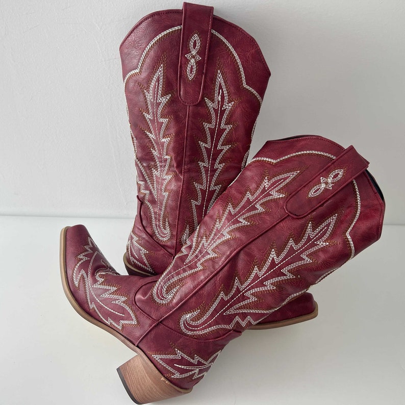 Women's Red Cowboy Boots Vintage Embroidered Cowgirl Boots Western