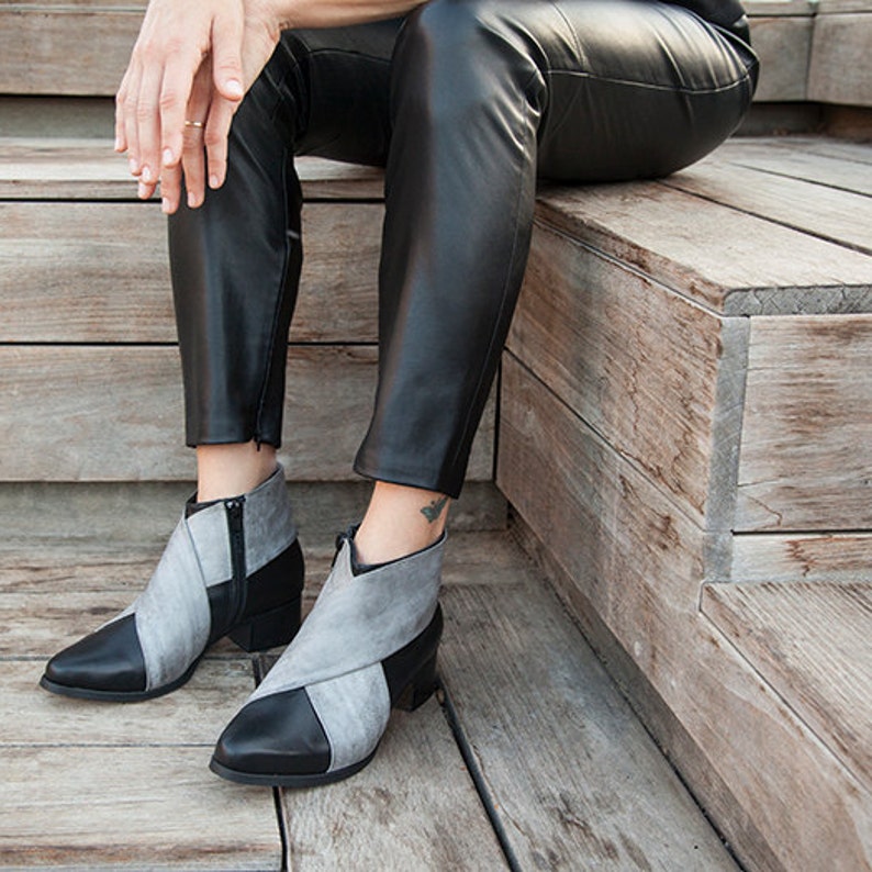 Women's Black Leather Boots Black Leather Shoes Woman Gray Shoes