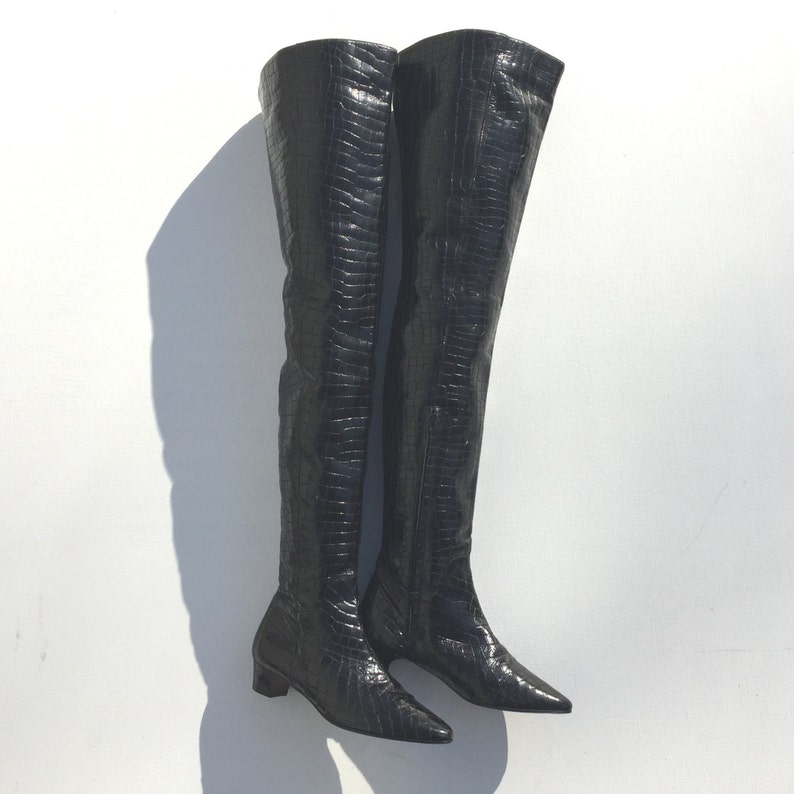 Women's 1960s Black Vinyl Faux Croc Over the Knee Boots