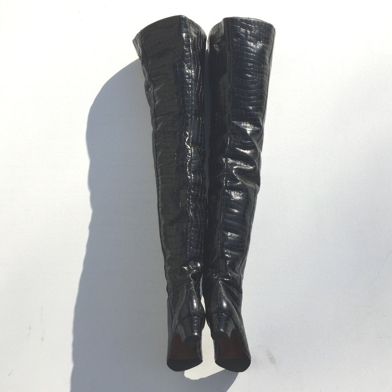 Women's 1960s Black Vinyl Faux Croc Over the Knee Boots