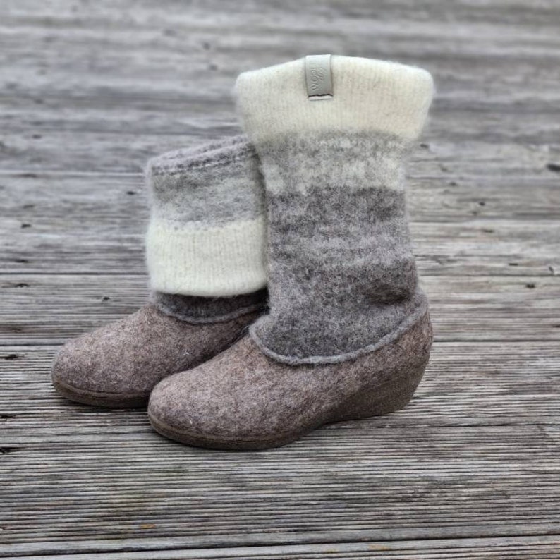 Women's Felted Wedge Heel Boots Tall Winter Boots Two Tone Boots