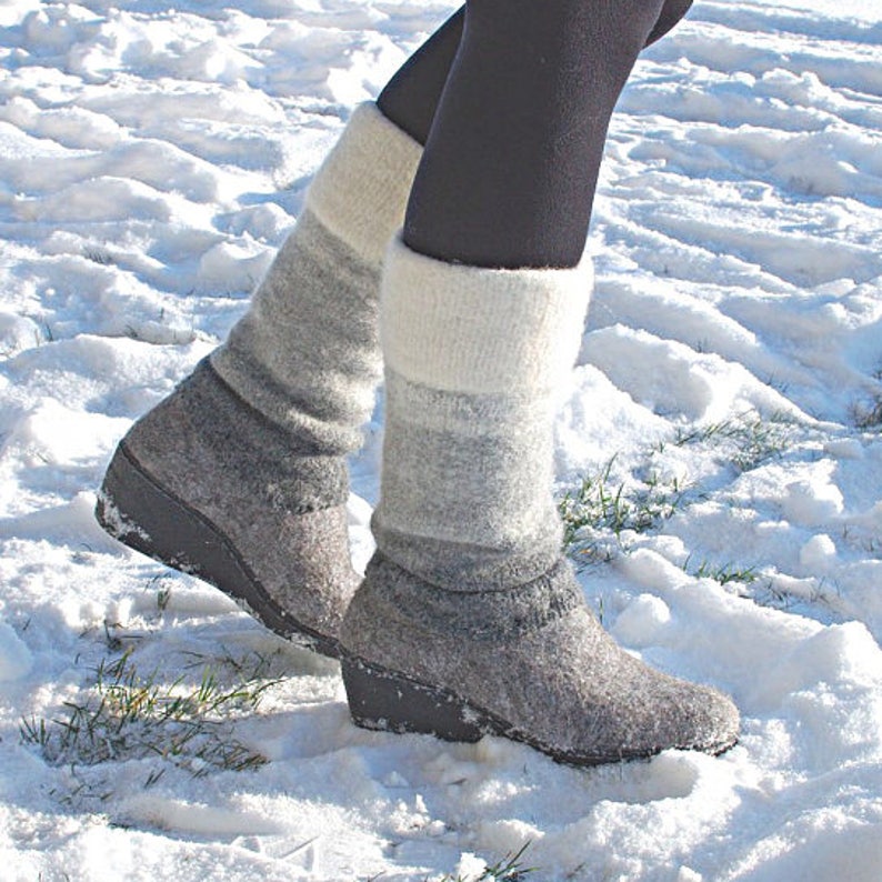 Women's Felted Wedge Heel Boots Tall Winter Boots Two Tone Boots