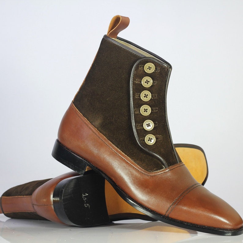 Men's Handmade Brown Leather Suede Button Boots Cap Toe