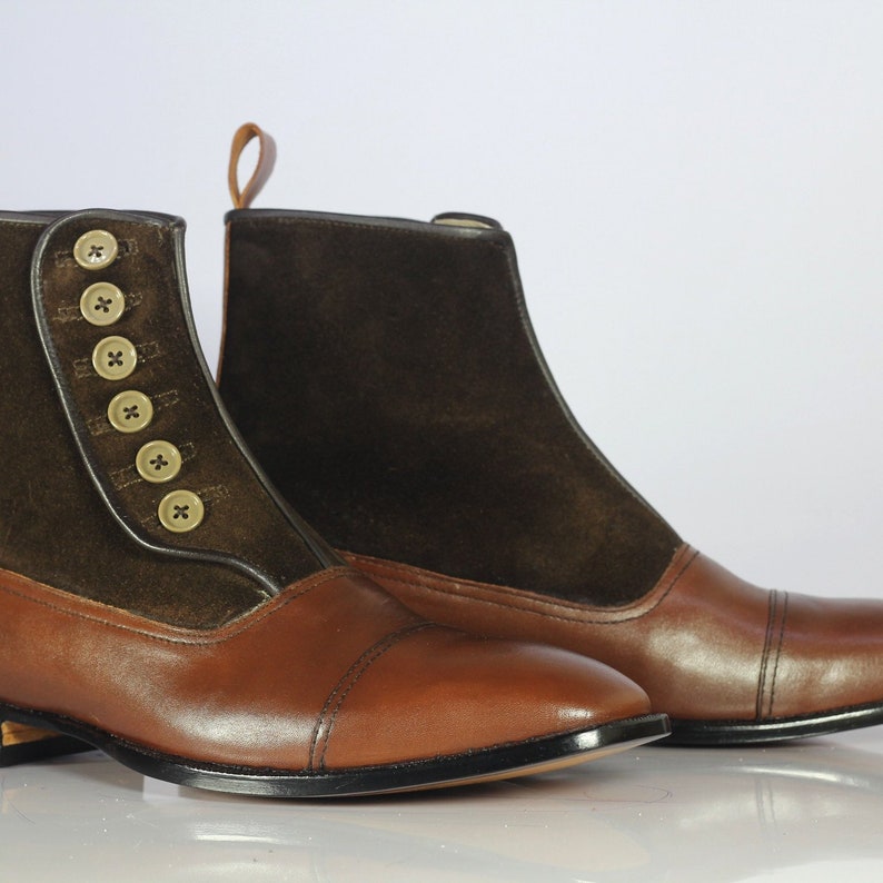 Men's Handmade Brown Leather Suede Button Boots Cap Toe