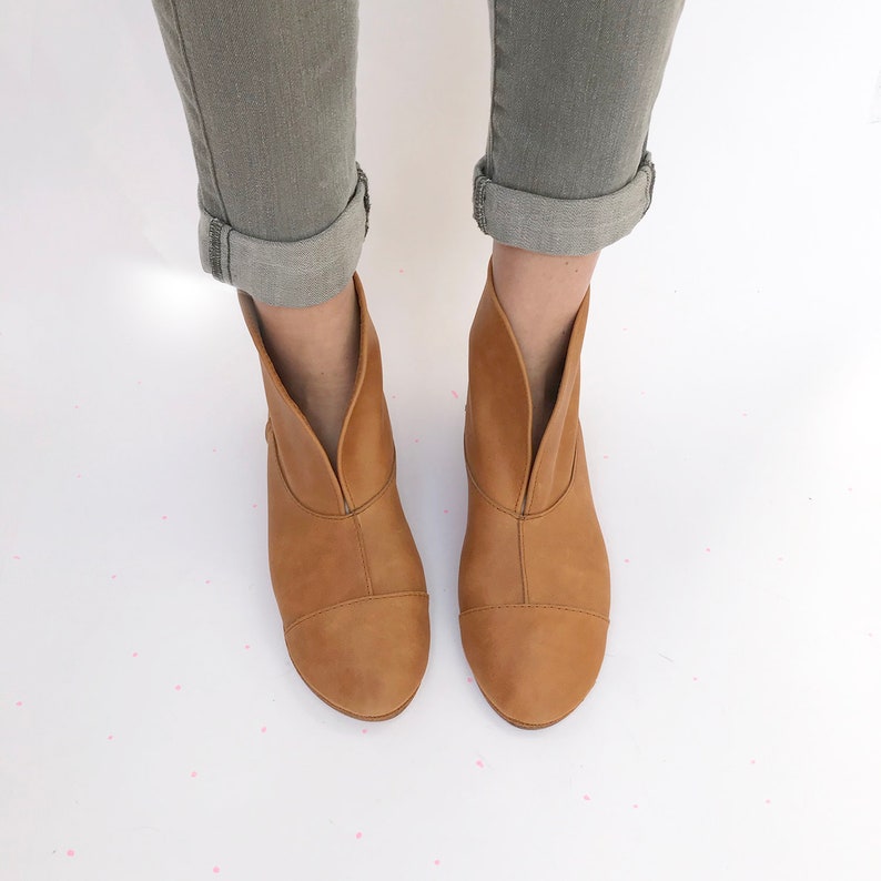Women's Ankle Boots in Tan Leather Low Heel Soft Cowboy
