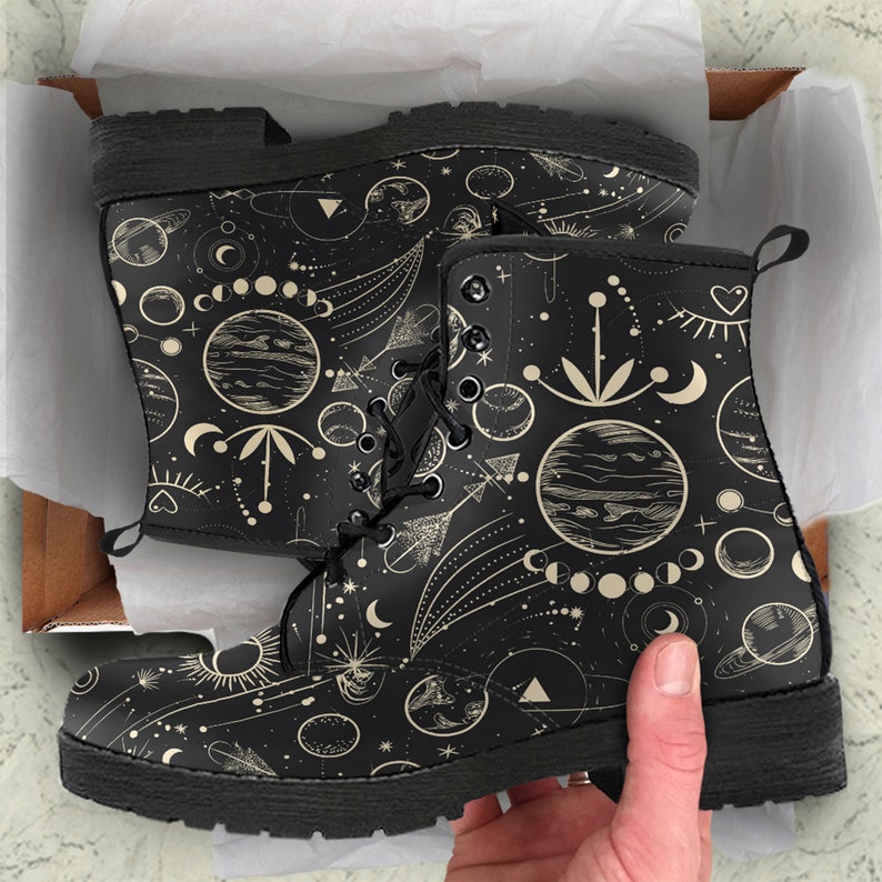 Women's Combat Boots Moon Phases Abstract Leather Boots