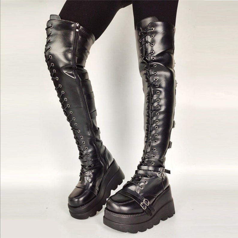 Women's Black PU Leather Thigh High High Platform Gothic Boots Round