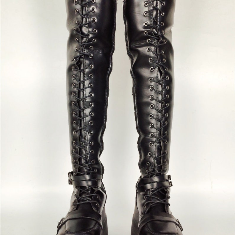 Women's Black PU Leather Thigh High High Platform Gothic Boots Round