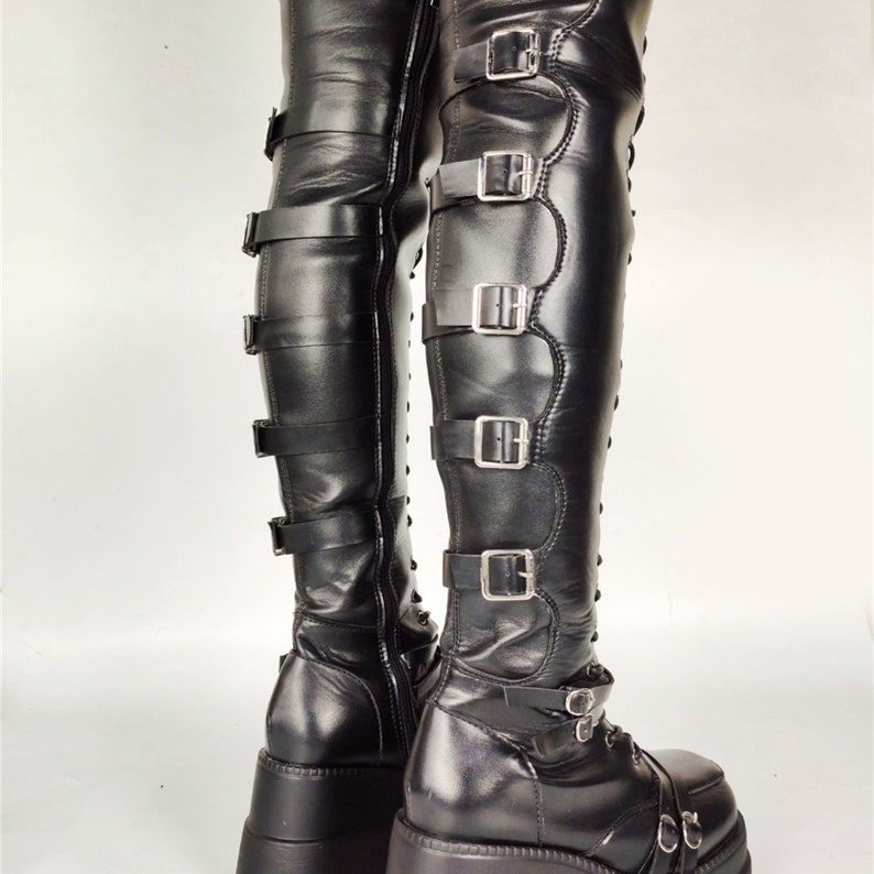 Women's Black PU Leather Thigh High High Platform Gothic Boots Round