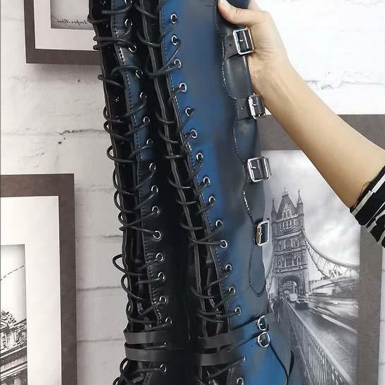 Women's Black PU Leather Thigh High High Platform Gothic Boots Round